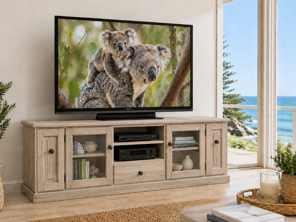ACE (AUSSIE MADE) 2 DOOR / 3 DRAWER TV UNIT WITH TWIN PULL-OUTS COLLECTION - ASSORTED STAINED COLOURS - STARTING FROM $1499
