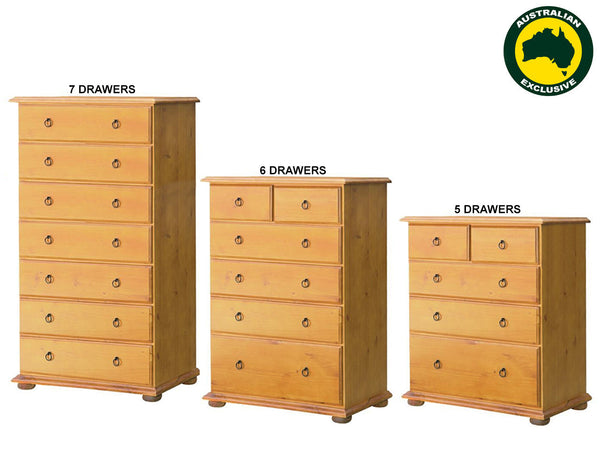 ANNA (AUSSIE MADE) TALLBOY WITH BUN FEET COLLECTION - ASSORTED STAINED COLOURS - STARTING FROM $899