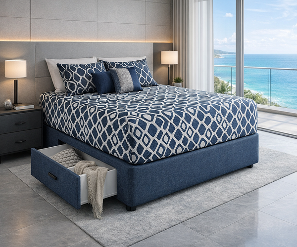 DESIGNER (AUSSIE MADE) DENIM BASE WITH 1 SIDE DRAWER - 12''/300MM) BASE ONLY - ASSORTED FABRICS & COLOURS - STARTING FROM $699