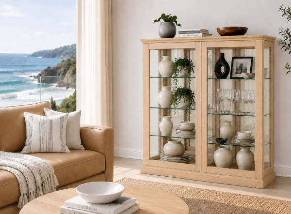 GLORIA (AUSSIE MADE) 2 DOOR LOWLINE DISPLAY CABINET WITH MIRRORED BACKING COLLECTION - ASSORTED COLOURS - STARTING FROM $999