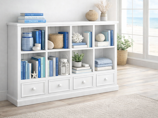 HUON THICK TOP (AUSSIE MADE) LOWLINE BOOKCASE WITH PICTURE FRAMES DRAWERS COLLECTION - ASSORTED COLOURS - STARTING FROM $1599