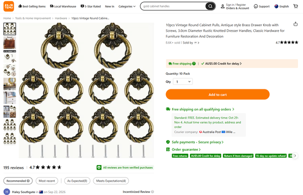ANTIQUE BRASS SINGLE POINT ROUND METAL RING HANDLES - BRASS