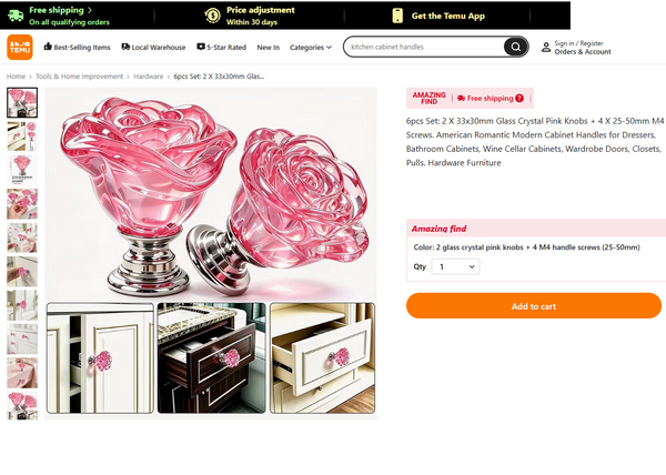 CRYSTAL SINGLE POINT 30MM ROSE KNOBS - AS PICTURED