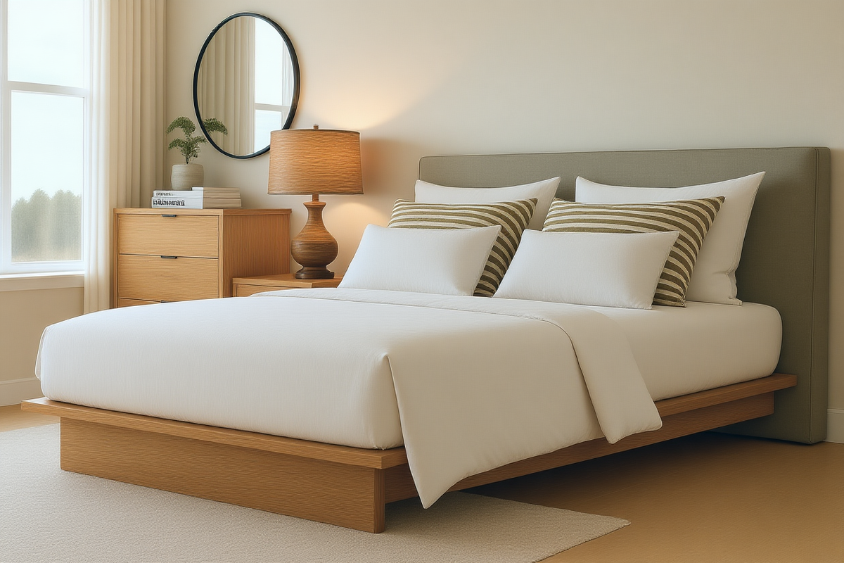 LUCCA (AUSSIE MADE) FLUSH PLATFORM FABRIC / TASSIE OAK COMBINATION BEDROOM COLLECTION - ASSORTED FABRICS AND COLOURS - STARTING FROM $1999