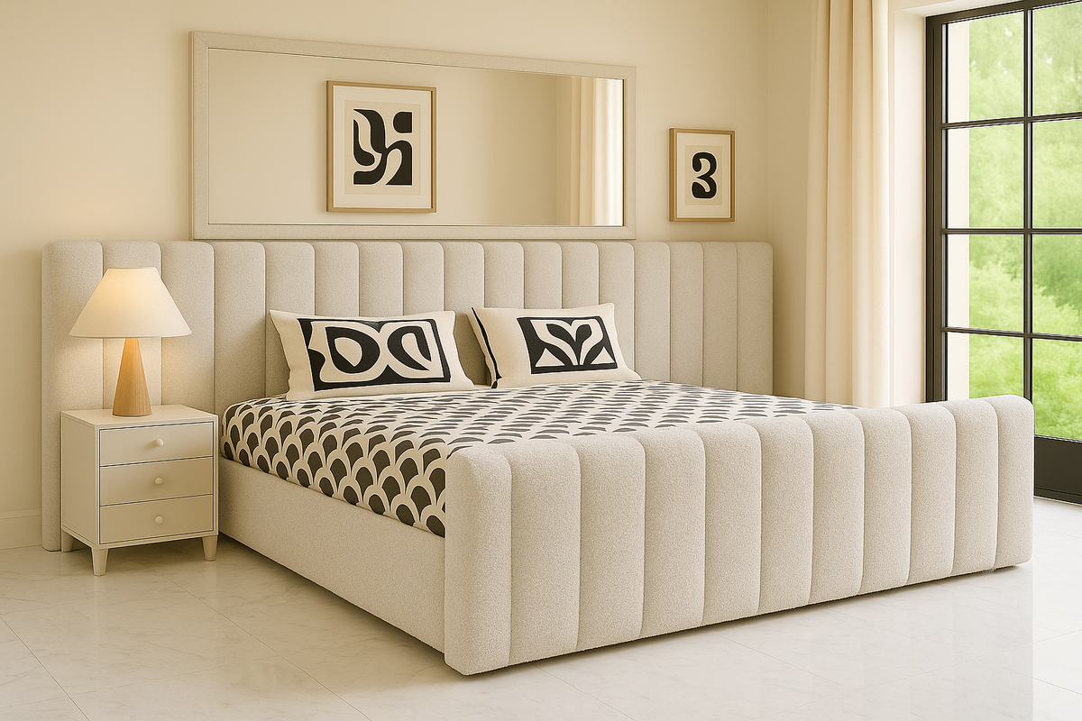 SABATINI (AUSSIE MADE) UPHOLSTERED EXTENDED BEDROOM COLLECTION – ASSORTED FABRICS & COLOURS - STARTING FROM $1999