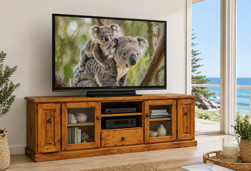 ACE (AUSSIE MADE) 2 DOOR / 3 DRAWER TV UNIT WITH TWIN PULL-OUTS COLLECTION - ASSORTED STAINED COLOURS - STARTING FROM $1499
