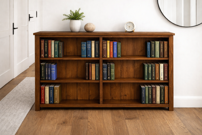 ALANZO (AUSSIE MADE) LOWLINE BOOKCASE WITH WIDE T&G BACKING COLLECTION - ASSORTED STAINED COLOURS - STARTING FROM $499