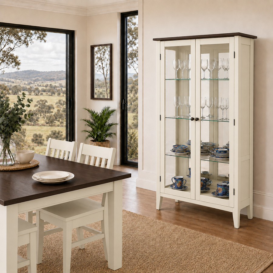 ALPINE (AUSSIE MADE) 2 DOOR HIGHLINE DISPLAY CABINET WITH MIRRORED BACK COLLECTION - ASSORTED COLOURS - STARTING FROM $1499