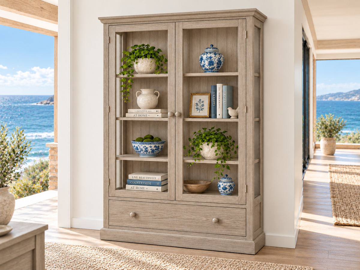 BANKSIDE (AUSSIE MADE) 2 DOOR / 1 DRAWER DISPLAY CABINET COLLECTION - ASSORTED COLOURS - STARTING FROM $1499