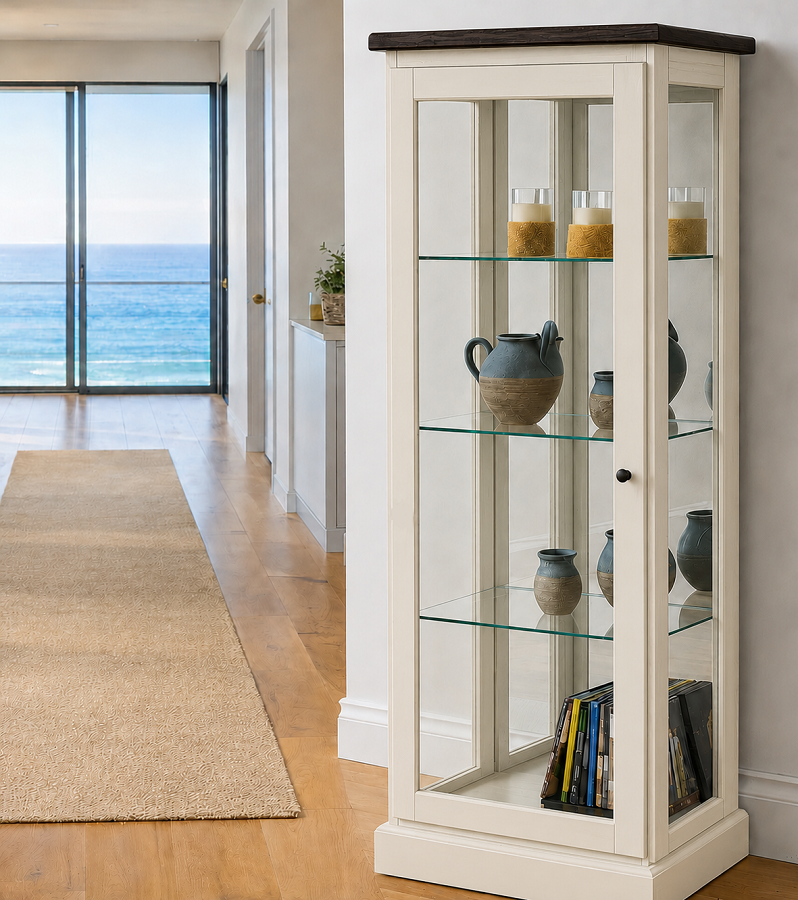 BATHURST (AUSSIE MADE) 1 DOOR DISPLAY CABINET WITH MIRRORED BACKING COLLECTION - ASSORTED COLOURS - STARTING FROM $1299