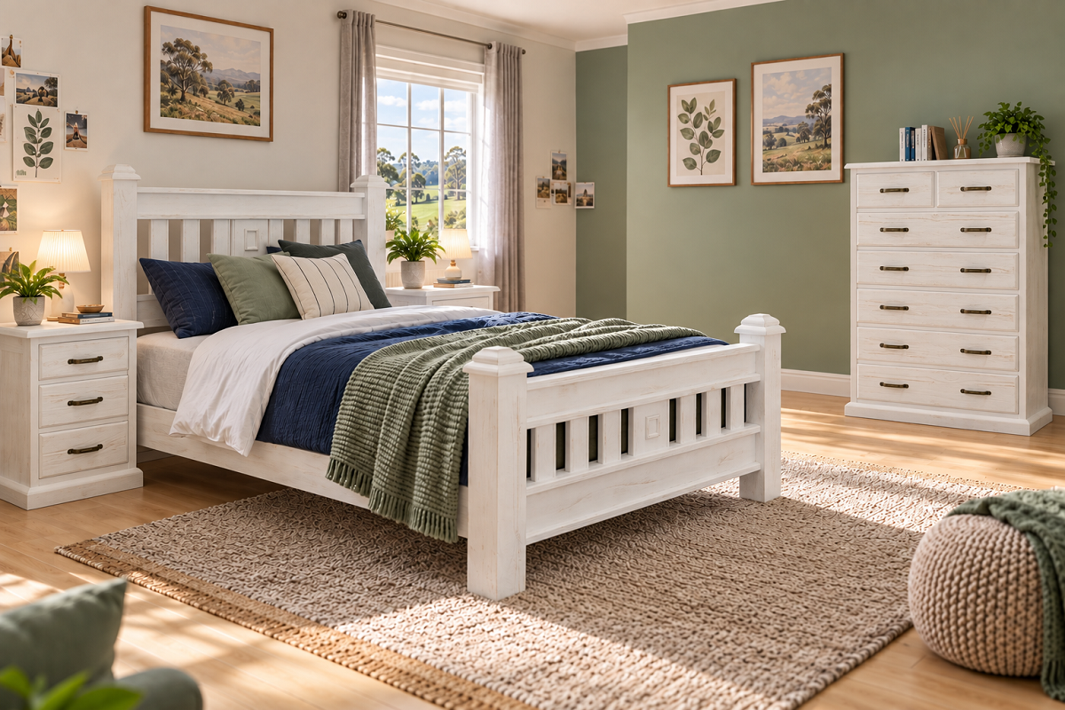 BLUEGUM (AUSSIE MADE) MATCHING FOOT BEDROOM COLLECTION - ASSORTED COLOURS - STARTING FROM $1299