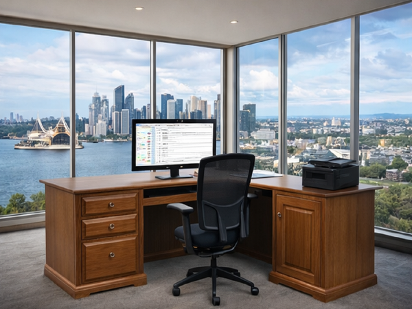 CHURACHS (AUSSIE MADE) CORNER COMPUTER DESK WITH KEYBOARD SLIDE COLLECTION - ASSORTED STAINED COLOURS - STARTING FROM $1999
