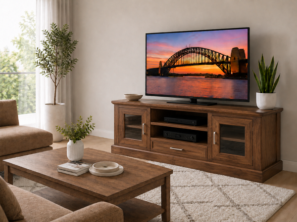 COTTAGE (AUSSIE MADE) 2 GLASS DOOR LOWLINE TV ENTERTAINMENT UNIT COLLECTION - ASSORTED COLOURS - STARTING FROM $1199
