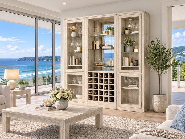 ELLE (AUSSIE MADE) 4 DOORS DISPLAY CABINET WITH WINE STORAGE & MIRRORED BACK COLLECTION - ASSORTED COLOURS - STARTING FROM $2499