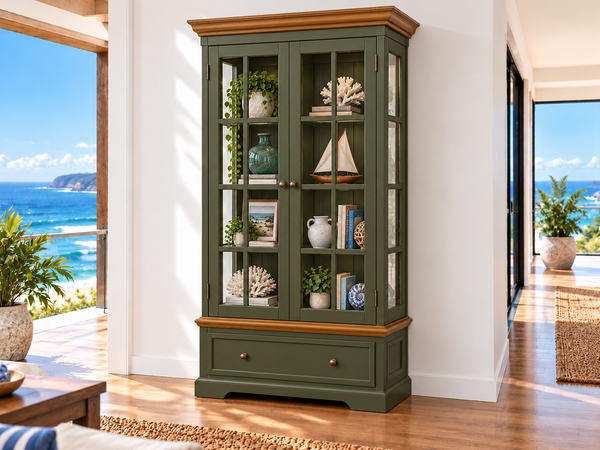 HEAVEN (AUSSIE MADE) 2 DOOR / 1 DRAWER HIGHLINE DISPLAY CABINET COLLECTION - ASSORTED COLOURS - STARTING FROM $2499
