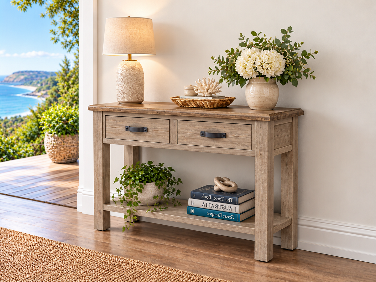HINTERLANE (AUSSIE MADE) 2 or 3 DRAWER CONSOLE / HALL TABLE WITH MAGAZINE RACK COLLECTION - ASSORTED COLOURS - STARTING FROM $699