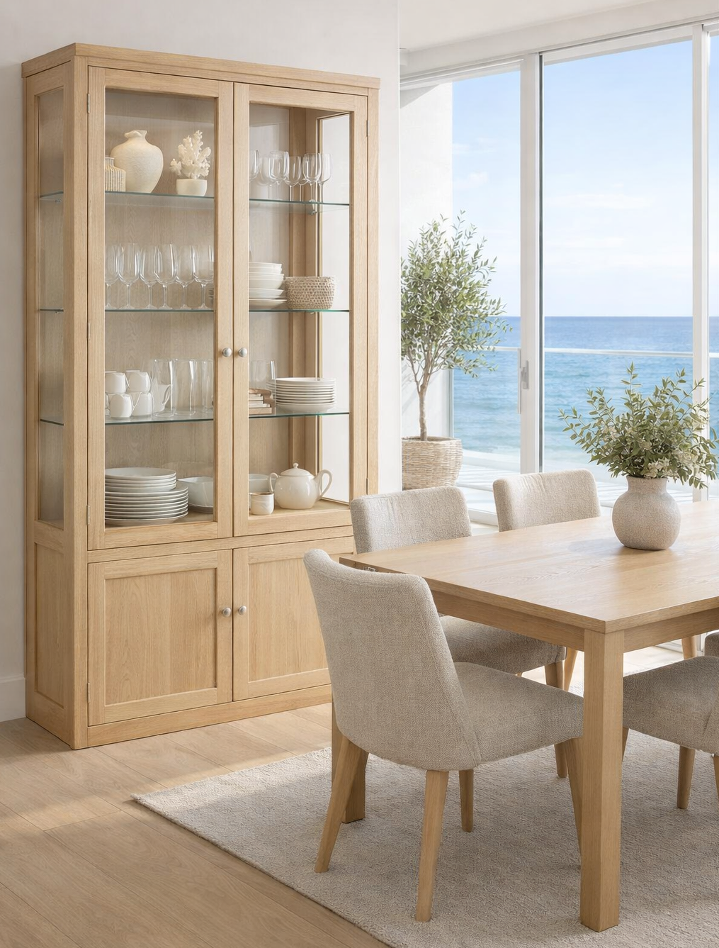 JOE (AUSSIE MADE) 4 DOOR HIGHLINE DISPLAY CABINET WITH GROOVE TOP WITH 4 DOORS / 2 GLASS SHELVES + MIRRORED BACK (HALF GLASS) COLLECTION - ASSORTED COLOURS - STARTING FROM $1899