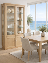 JOE (AUSSIE MADE) 4 DOOR HIGHLINE DISPLAY CABINET WITH GROOVE TOP WITH 4 DOORS / 2 GLASS SHELVES + MIRRORED BACK (HALF GLASS) COLLECTION - ASSORTED COLOURS - STARTING FROM $1899