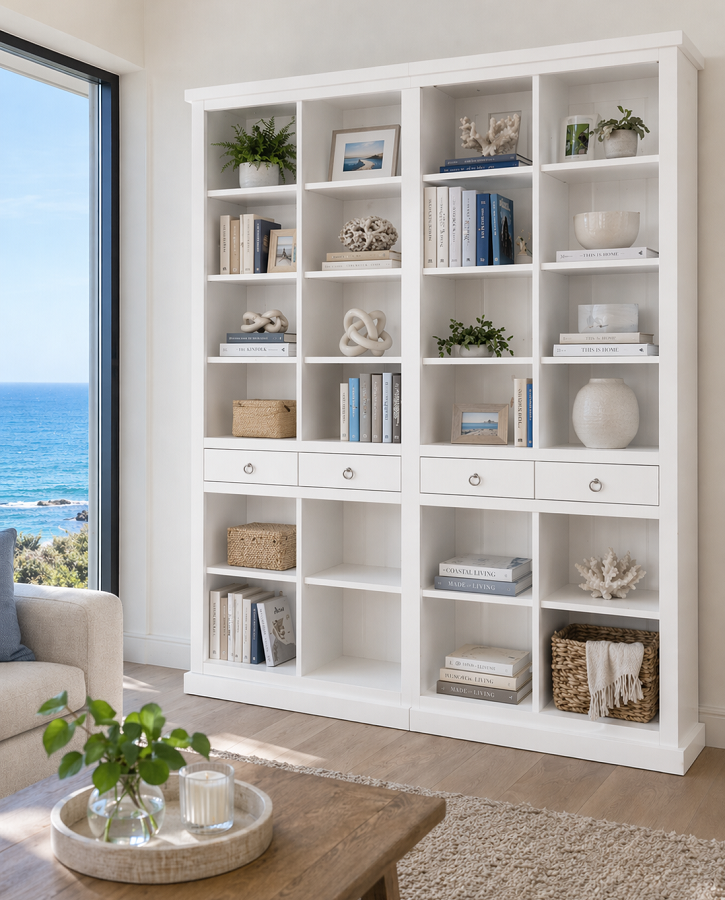 LITHGOW (AUSSIE MADE) DOUBLE HIGHLINE BOOKCASE WITH 4 DRAWERS COLLECTION - ASSORTED COLOURS - STARTING FROM $1499