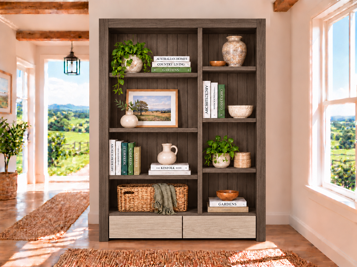 LOFTUS (AUSSIE MADE) HIGHLINE BOOKCASE WITH 2 DRAWERS COLLECTION - ASSORTED COLOURS - STARTING FROM $999