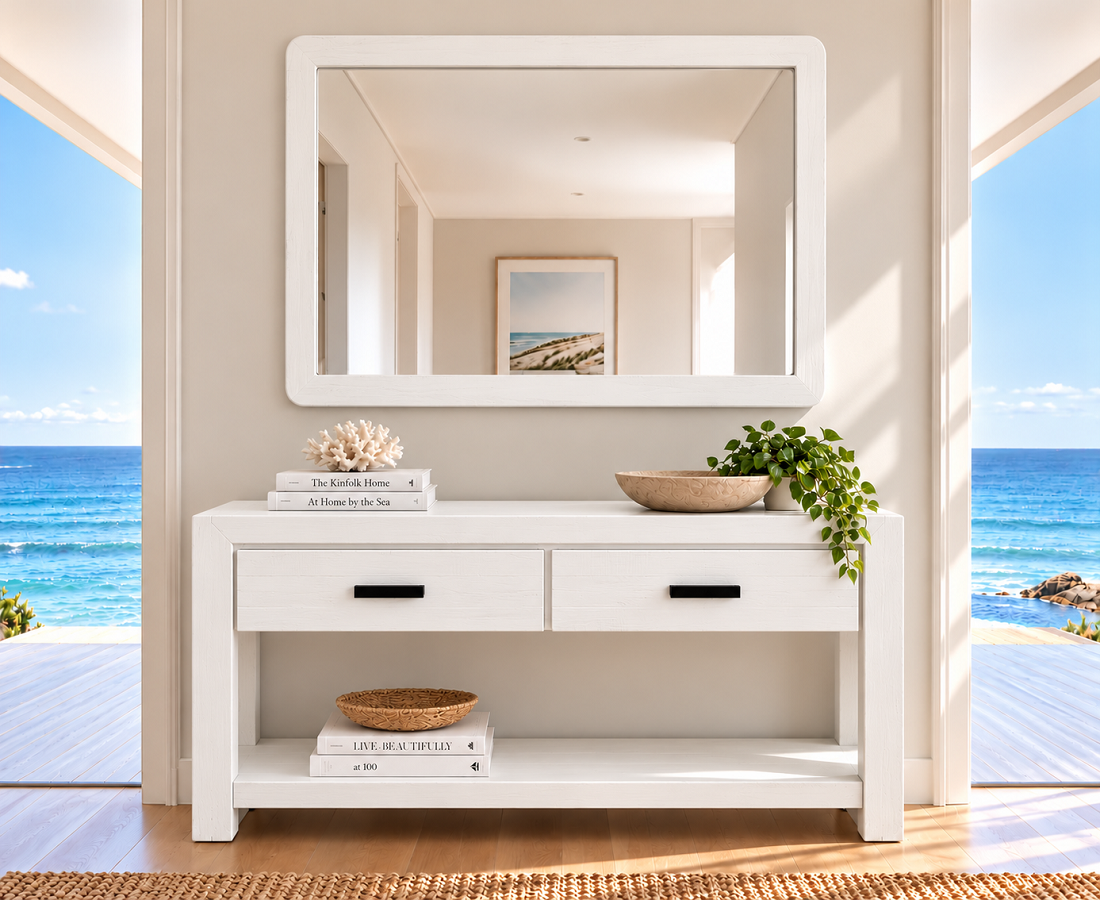 LOFTUS (AUSSIE MADE) 2 DRAWER HALL / CONSOLE TABLE with MAGAZINE RACK COLLECTION - ASSORTED COLOURS - STARTING FROM $799