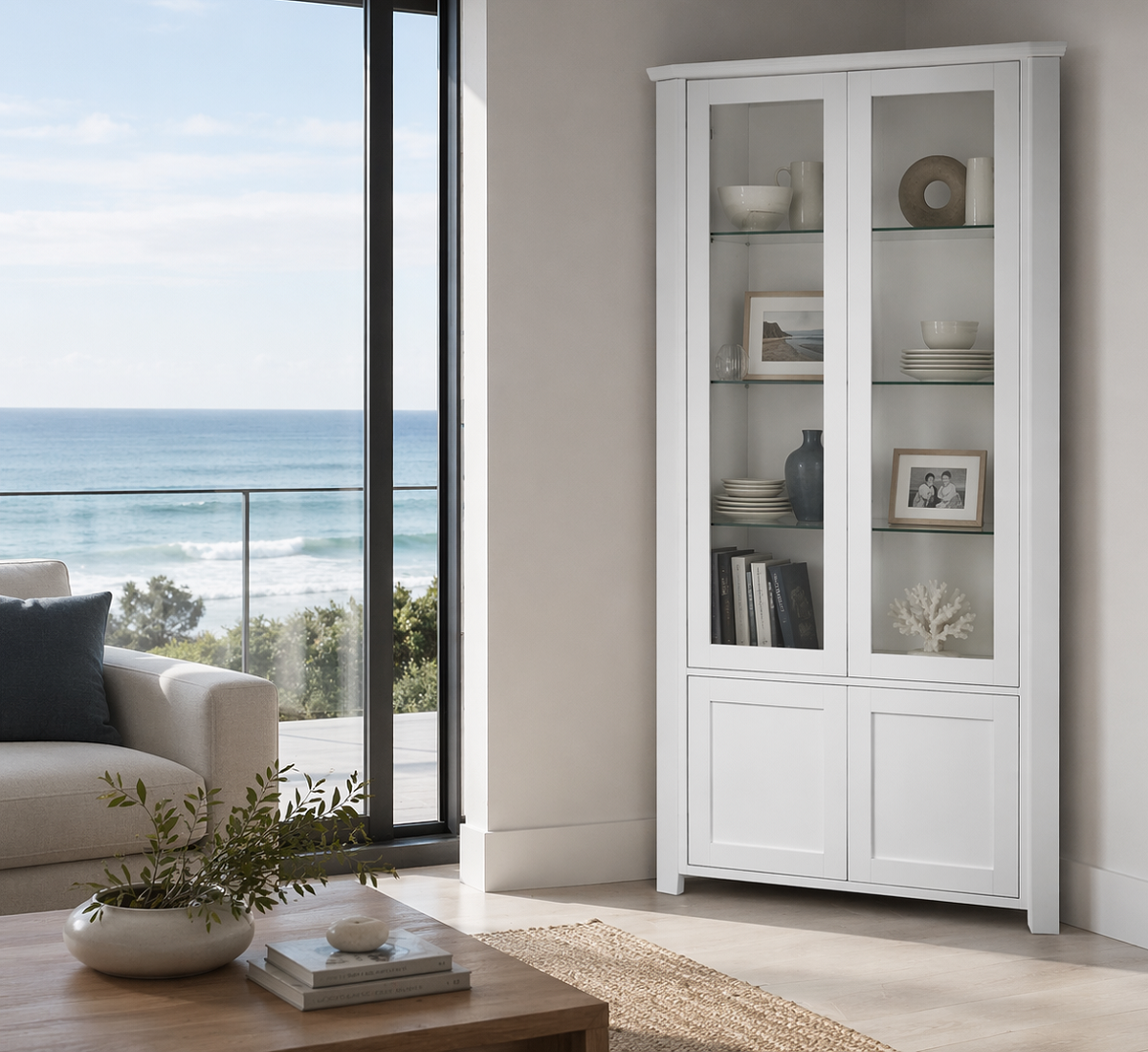 LOSANGELES (AUSSIE MADE) HIGHLINE 2 GLASS DOOR / 2 SOLID DOOR CORNER DISLAY UNIT COLLECTION - ASSORTED COLOURS - STARTING FROM $109