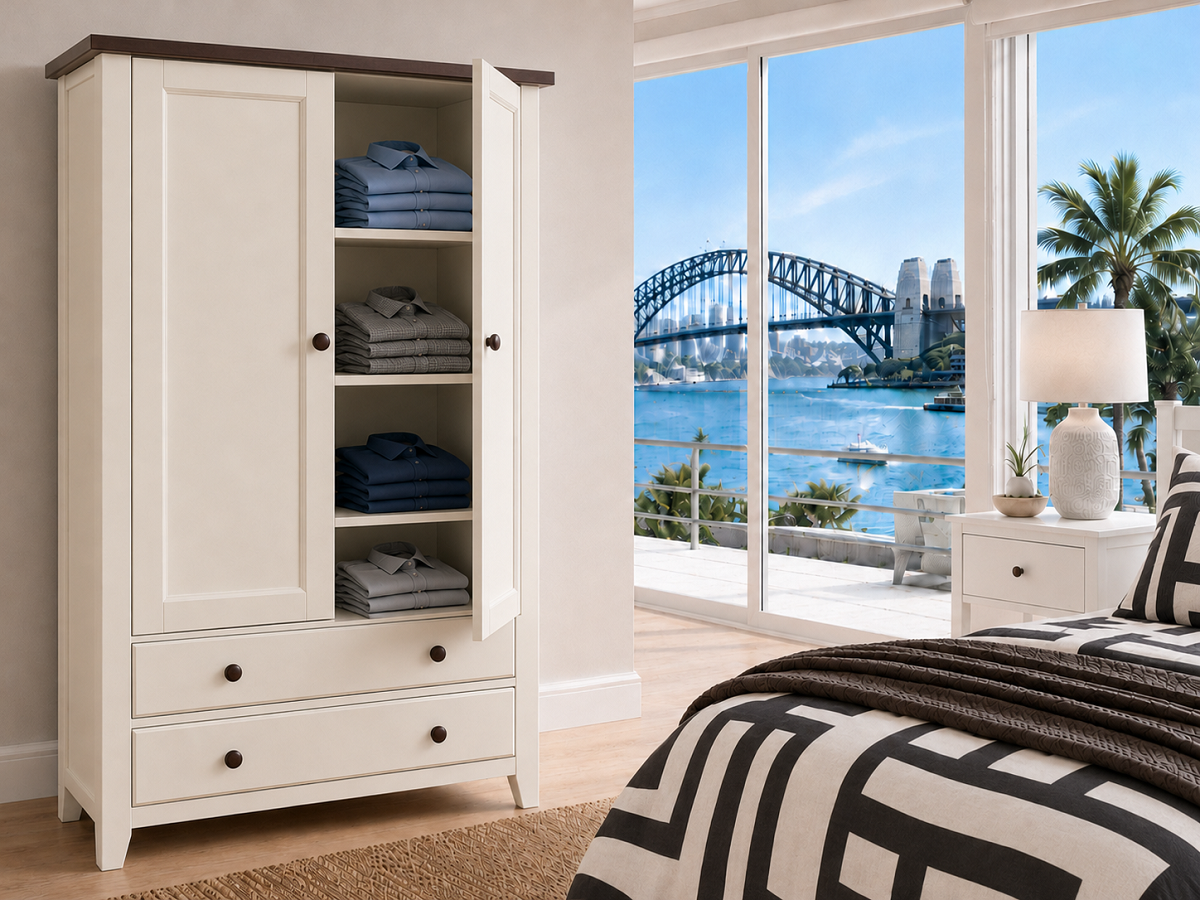 MANILLA (AUSSIE MADE) 2 DOOR / 2 DRAWER WARDROBE WITH SMOOTH DOORS & SIDES COLLECTION - ASSORTED COLOURS - STARTING FROM $1199