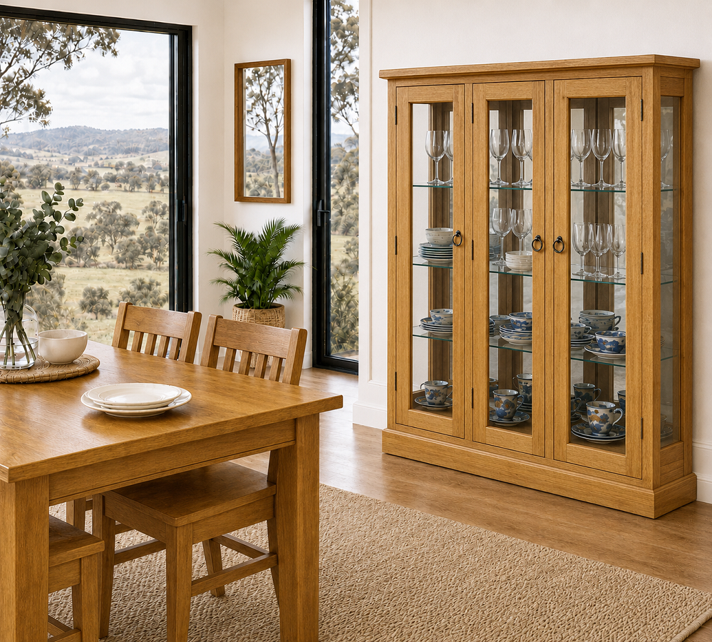 MONTERO (AUSSIE MADE) 3 DOOR LOWLINE DISPLAY CABINET WITH MIRRORED BACK COLLECTION - ASSORTED COLOURS - STARTING FROM $1499