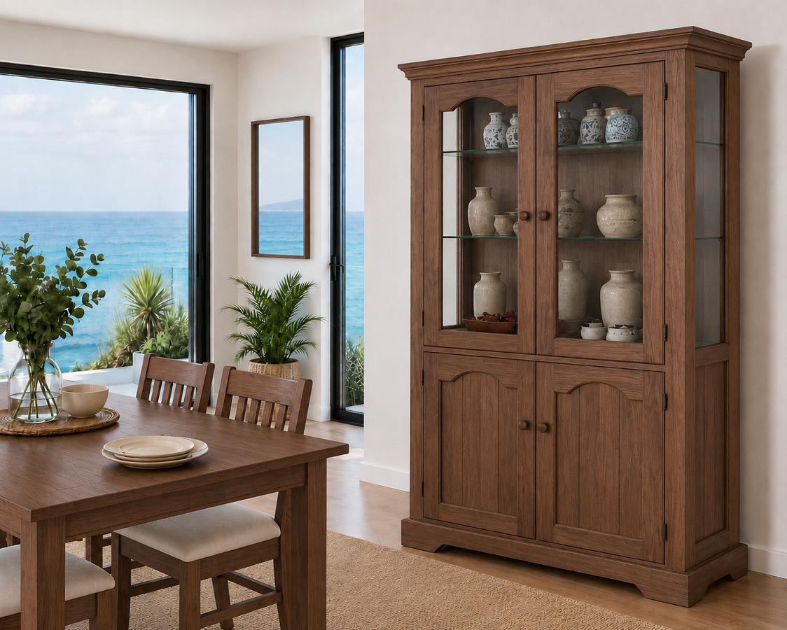 MONTERO (AUSSIE MADE) 4 DOOR HIGHLINE DISPLAY CABINET WITH MIRRORED BACK COLLECTION - ASSORTED COLOURS - STARTING FROM $1499