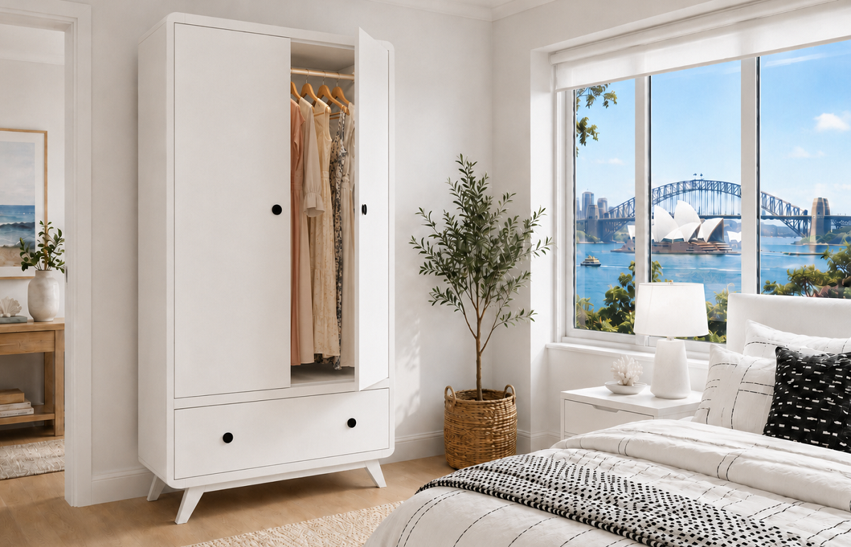 PALMY (AUSSIE MADE) 2 DOOR / 1 DRAWER WARDROBE COLLECTION - ASSORTED COLOURS - STARTING FROM $1599