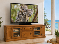 QUEENSLAND (AUSSIE MADE) 2 DOOR / 2 DRAWER TV UNIT WITH TWIN PULL-OUTS COLLECTION - ASSORTED STAINED COLOURS - STARTING FROM $1799