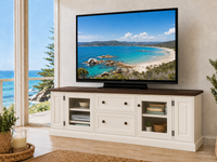 QUEENSLAND (AUSSIE MADE) 2 DOOR / 2 DRAWER TV UNIT WITH TWIN PULL-OUTS COLLECTION - ASSORTED STAINED COLOURS - STARTING FROM $1799