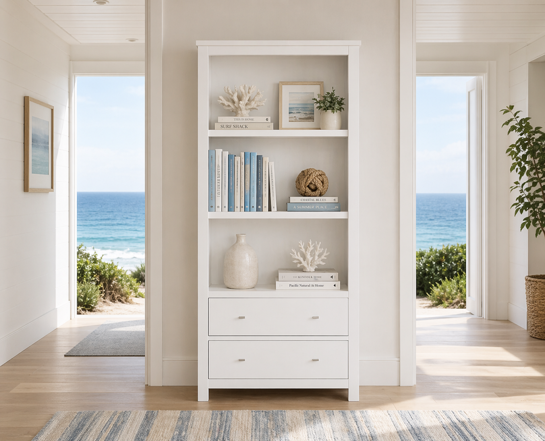 SACREMENTO (AUSSIE MADE) HIGHLINE BOOKCASE WITH 2 DRAWERS - ASSORTED COLOURS - STARTING FROM $899