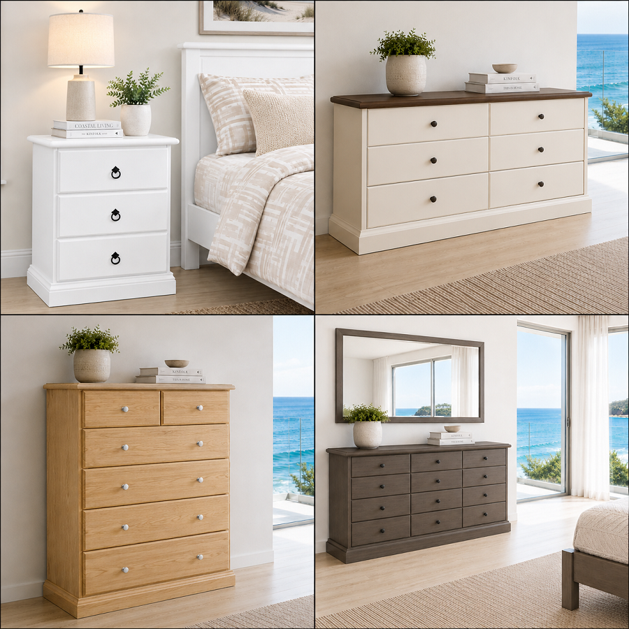 SIERRA (AUSSIE MADE) CHEST OF DRAWERS COLLECTION  - ASSORTED COLOURS - STARTING FROM $399