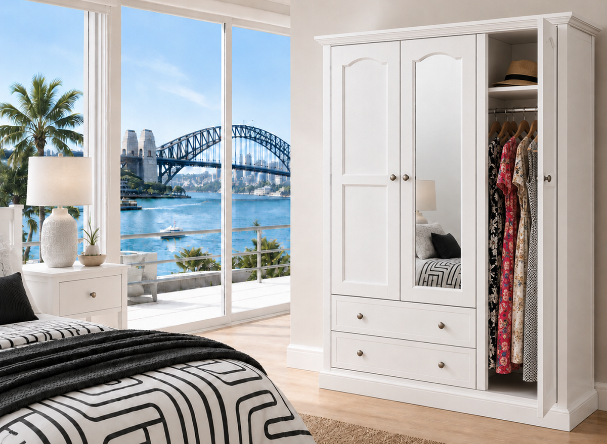 STACEY (AUSSIE MADE) 3 DOOR / 2 DRAWER UTILITY MIRROR WARDROBE COLLECTION - ASSORTED COLOURS - STARTING FROM $1299