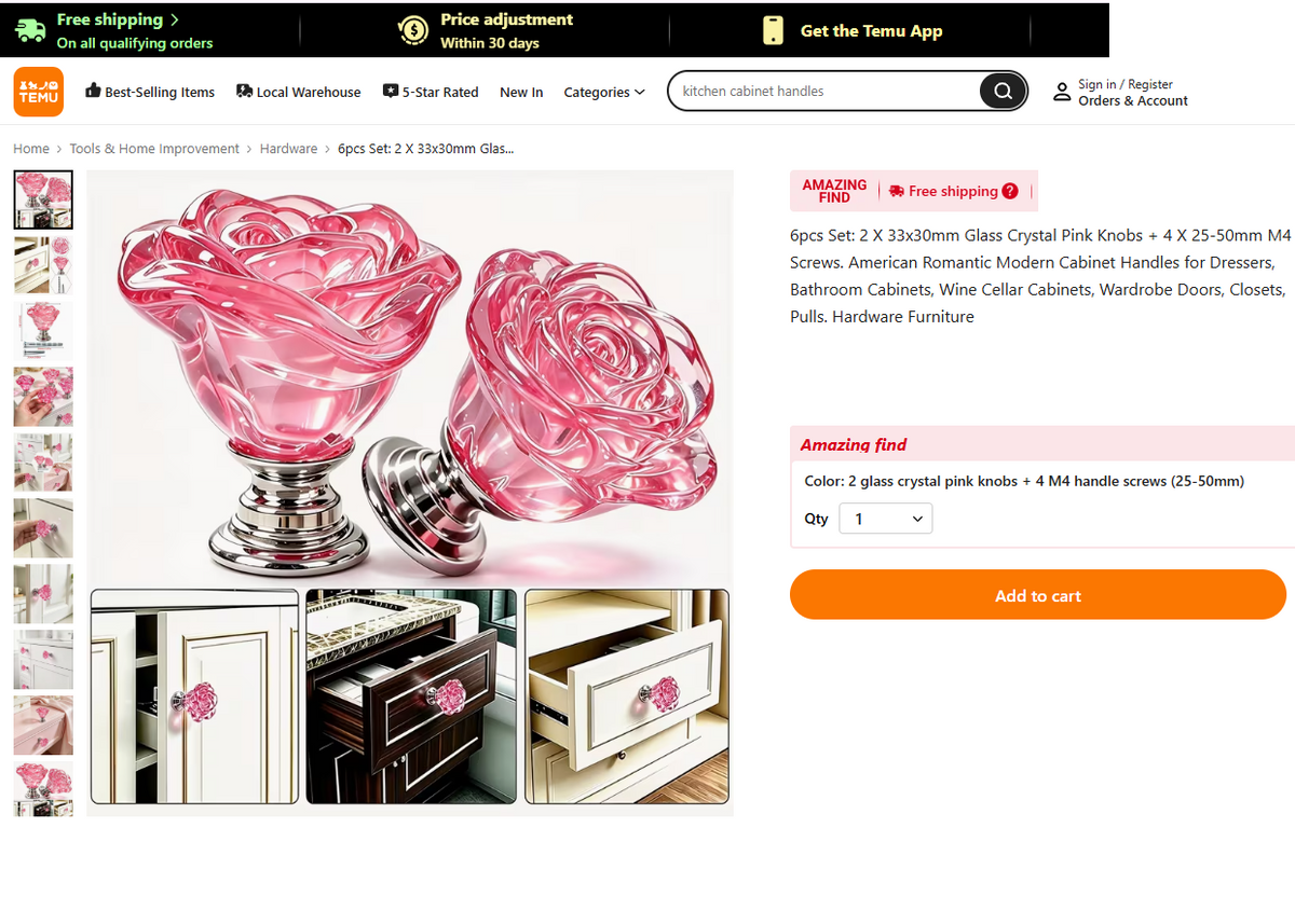 CRYSTAL SINGLE POINT 30MM ROSE KNOBS - AS PICTURED