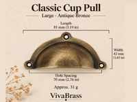 VIVABRASS SOLID BRASS CUP HANDLES - COLOURS: BRUSHED - POLISHED - ANTIQUE